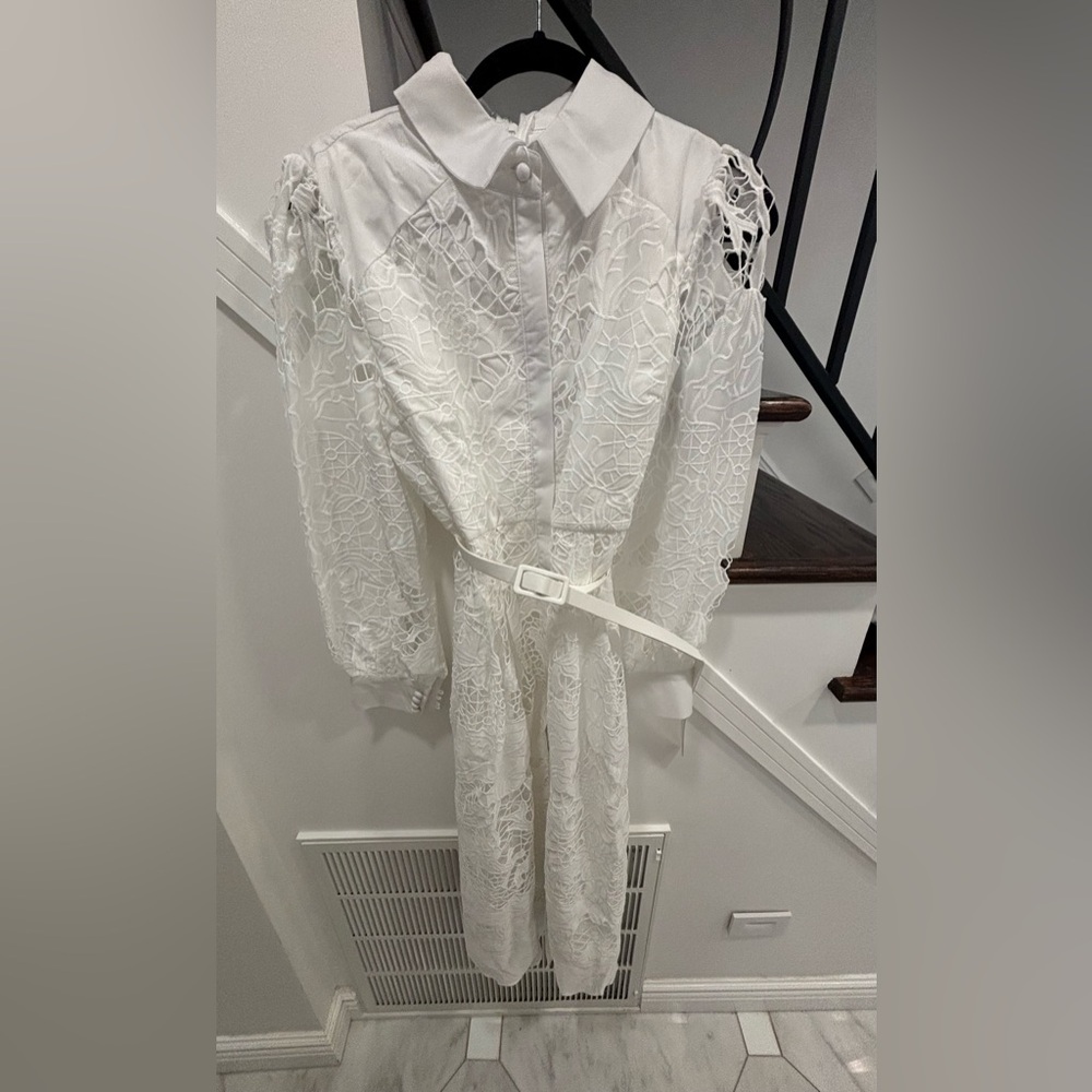 White Lace Midi Shirt Dress with Belt